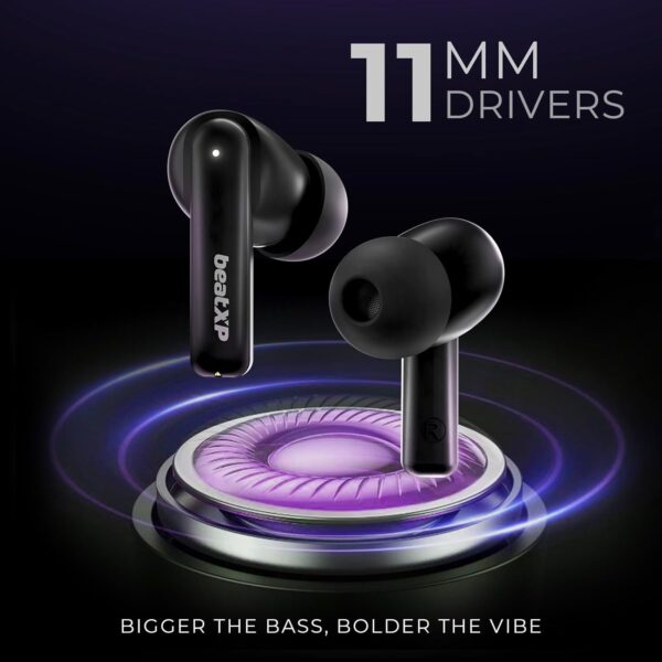 Tollymart Vibe XPods Bluetooth True Wireless Ear Buds with 60H Playtime, Quad Mic ENC, Gaming Mode with 40ms Low Latency, Type C Earphone with 11mm Drivers, IPX5, BT 5.3, Touch Control (Black)