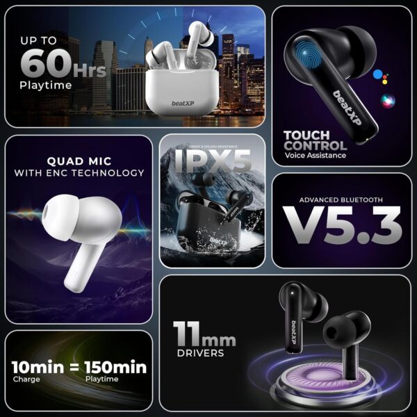 Tollymart Vibe XPods Bluetooth True Wireless Ear Buds with 60H Playtime, Quad Mic ENC, Gaming Mode with 40ms Low Latency, Type C Earphone with 11mm Drivers, IPX5, BT 5.3, Touch Control (Black)